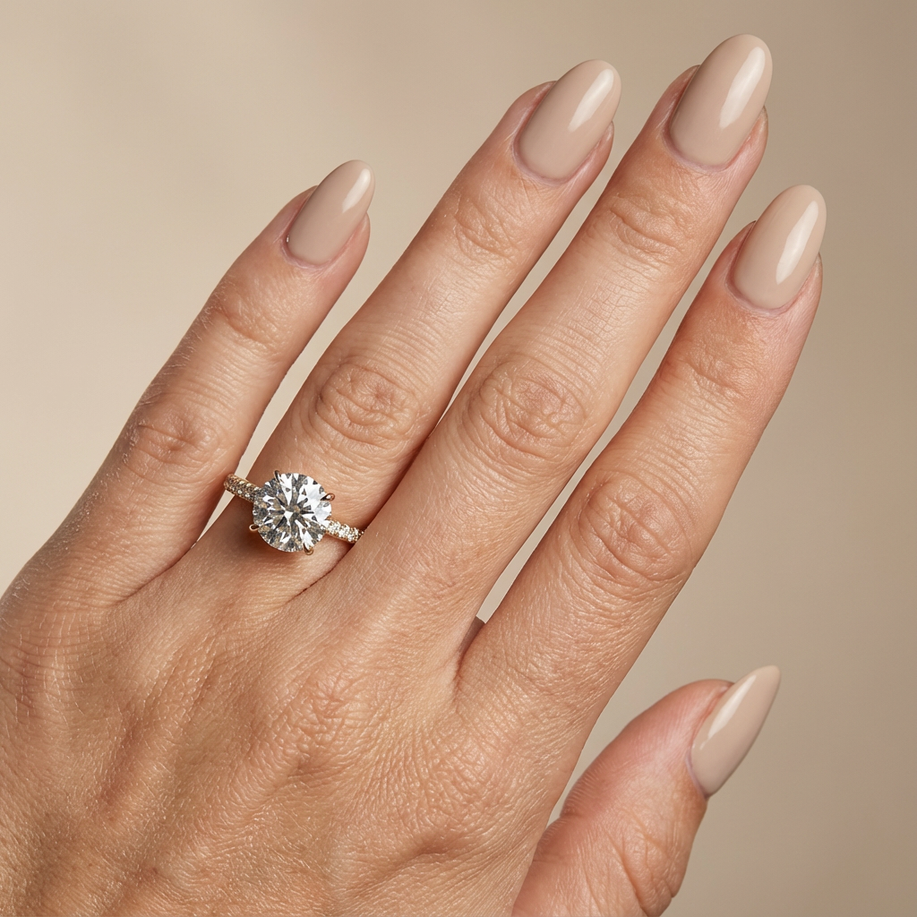Runder Verlobungsring mit im Labor gezüchtetem Diamanten in Kathedralenfassung, Pavé-Fassung und verstecktem Halo, Gelbgold