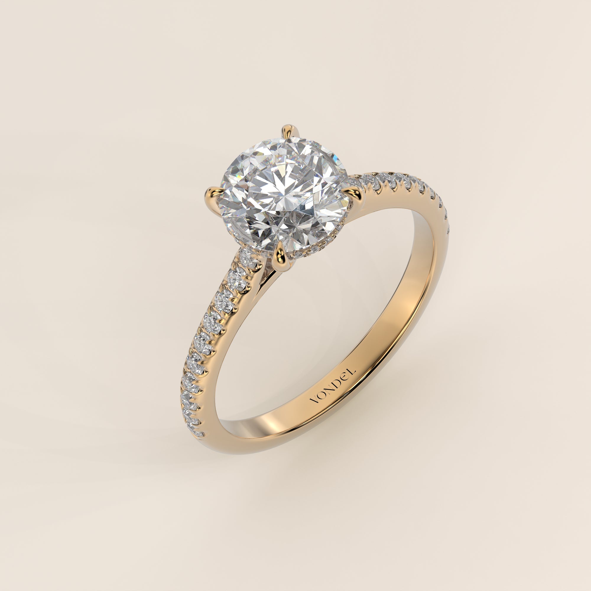 Runder Verlobungsring mit im Labor gezüchtetem Diamanten in Kathedralenfassung, Pavé-Fassung und verstecktem Halo, Gelbgold