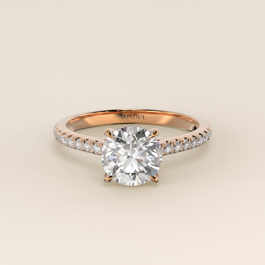 Runder Verlobungsring mit im Labor gezüchtetem Diamanten in Kathedralenfassung, Pavé-Fassung und verstecktem Halo, Roségold