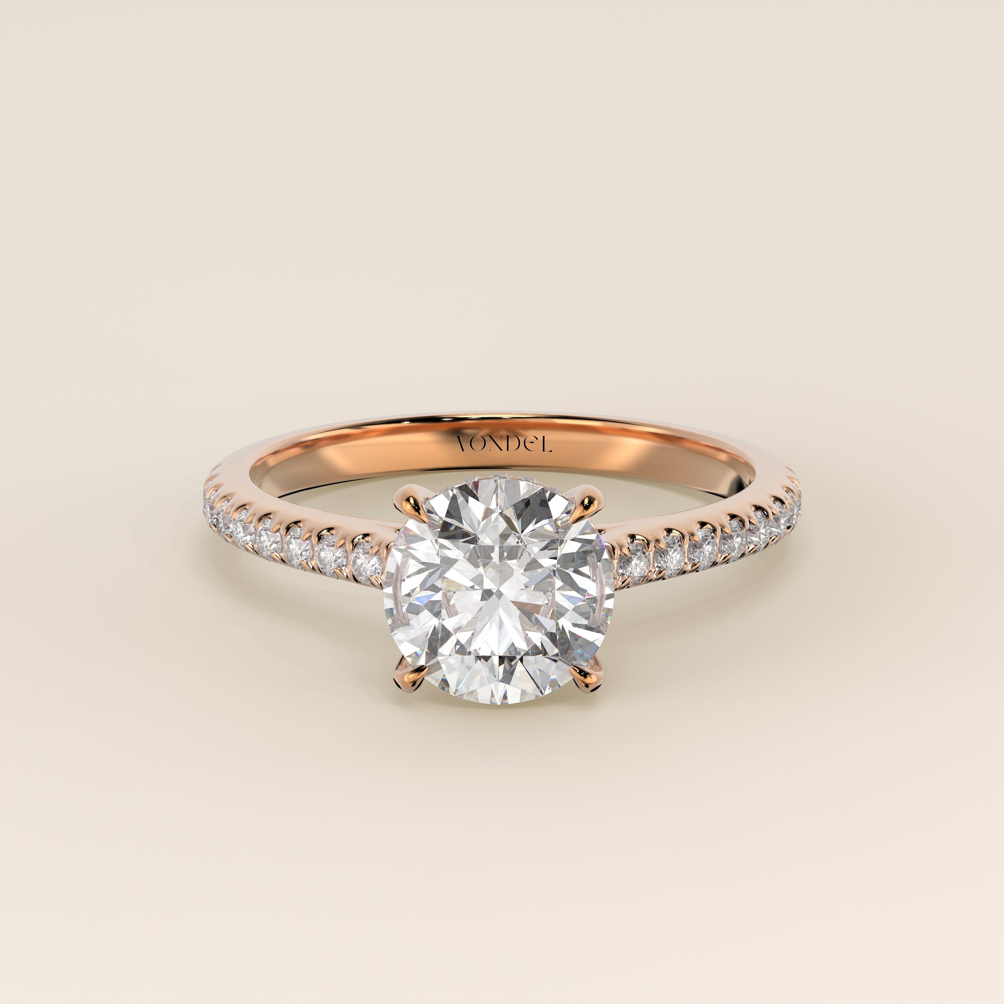Runder Verlobungsring mit im Labor gezüchtetem Diamanten in Kathedralenfassung, Pavé-Fassung und verstecktem Halo, Roségold