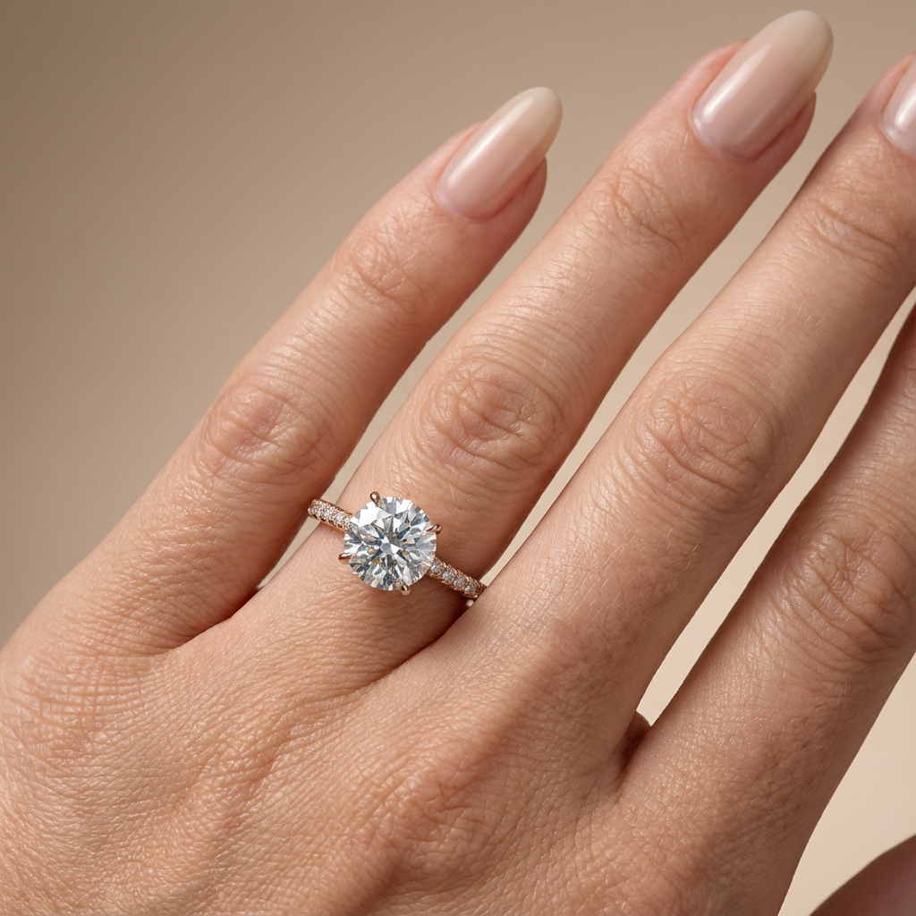 Runder Verlobungsring mit im Labor gezüchtetem Diamanten in Kathedralenfassung, Pavé-Fassung und verstecktem Halo, Roségold