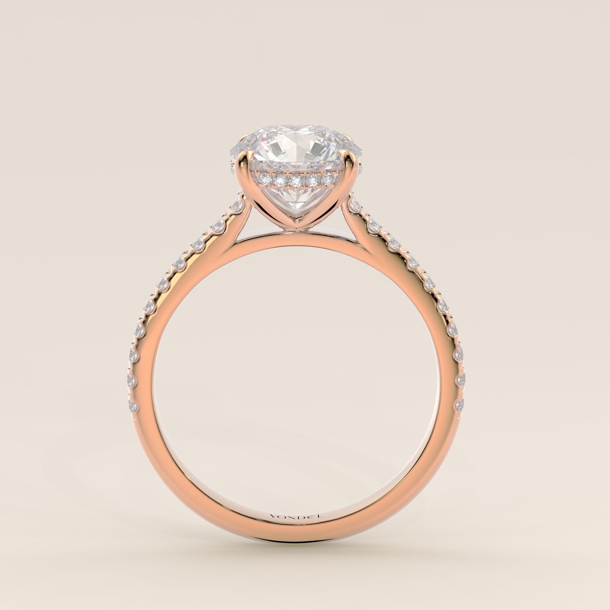 Runder Verlobungsring mit im Labor gezüchtetem Diamanten in Kathedralenfassung, Pavé-Fassung und verstecktem Halo, Roségold