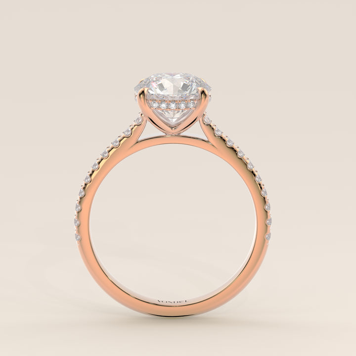 Runder Verlobungsring mit im Labor gezüchtetem Diamanten in Kathedralenfassung, Pavé-Fassung und verstecktem Halo, Roségold