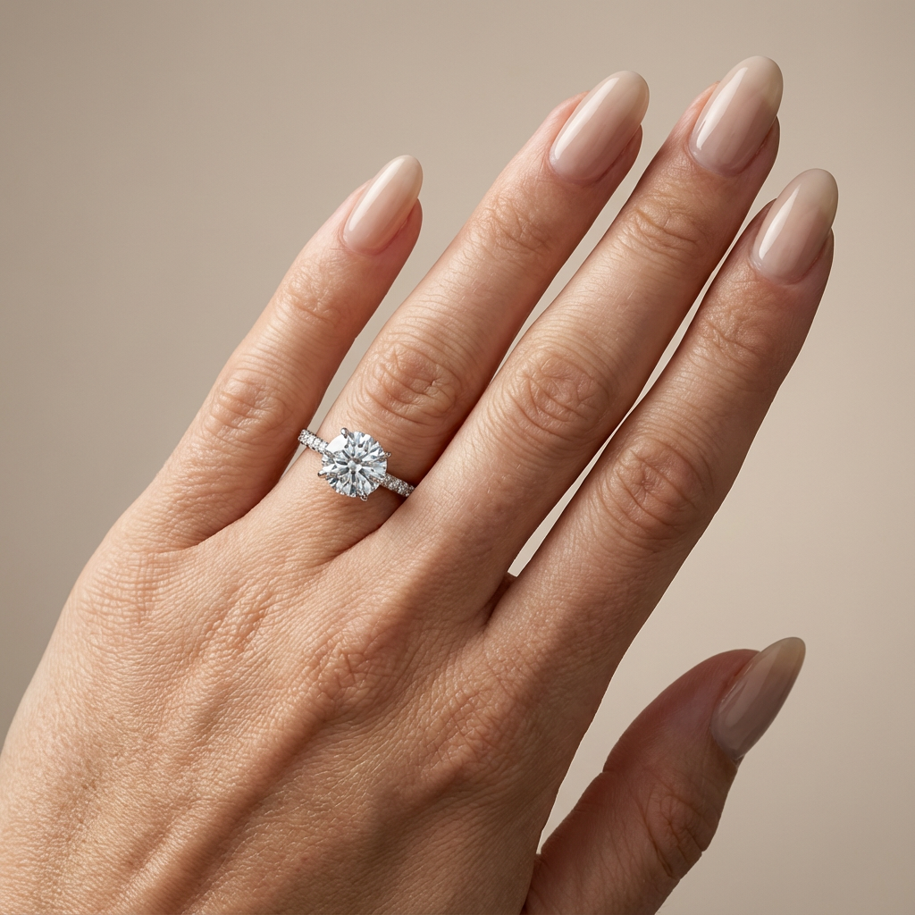 Runder Verlobungsring mit im Labor gezüchtetem Diamanten in Kathedralenfassung, Pavé-Fassung und verstecktem Halo, Weißgold