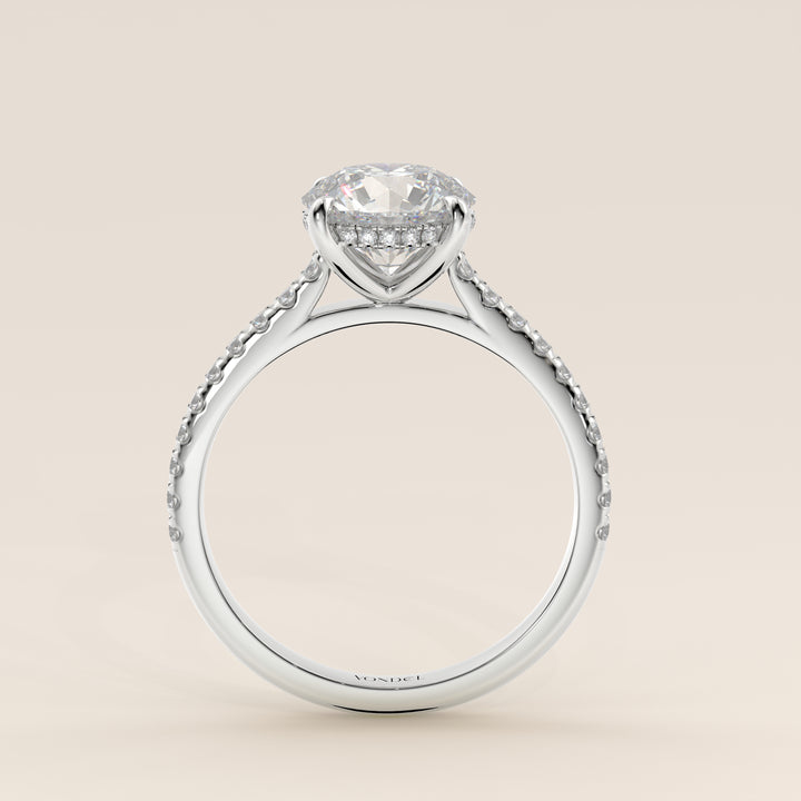 Runder Verlobungsring mit im Labor gezüchtetem Diamanten in Kathedralenfassung, Pavé-Fassung und verstecktem Halo, Weißgold