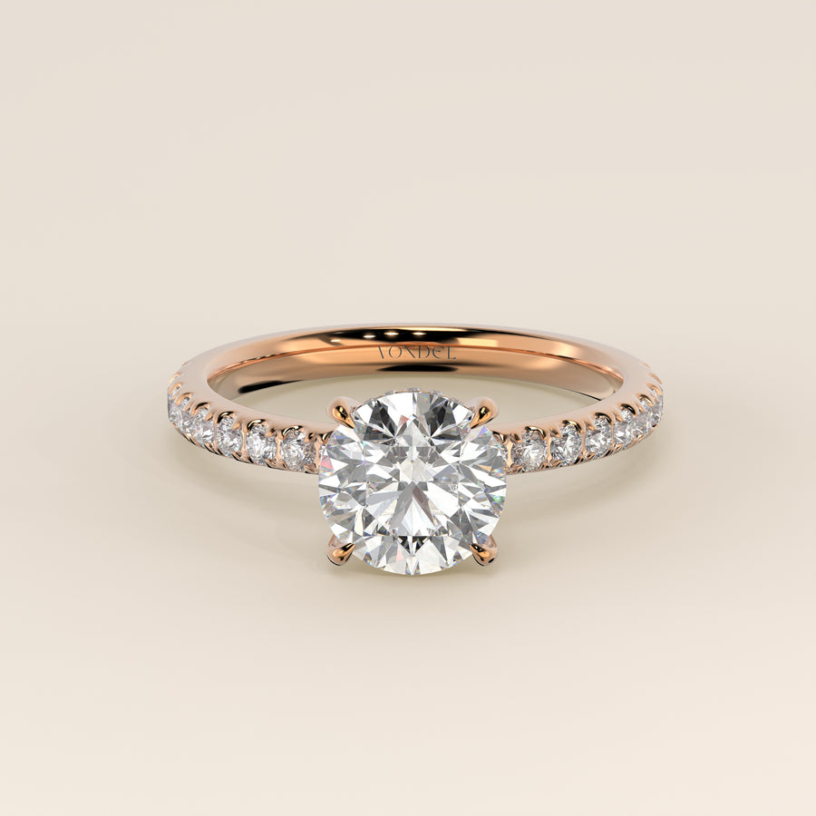 Verlovingsring rond lab grown diamant met hidden halo en pave band, rosegoud