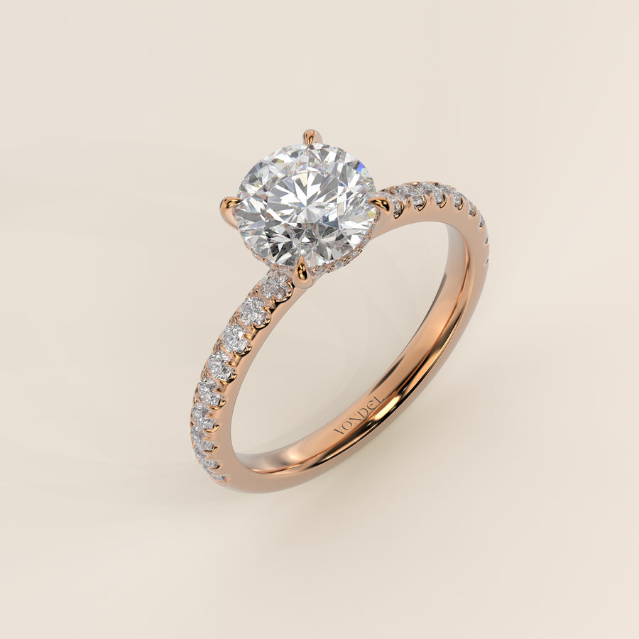 Verlovingsring rond lab grown diamant met hidden halo en pave band, rosegoud
