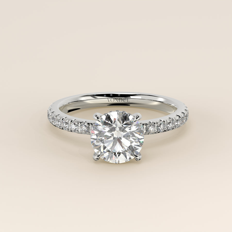 Verlovingsring rond lab grown diamant met hidden halo en pave band, witgoud