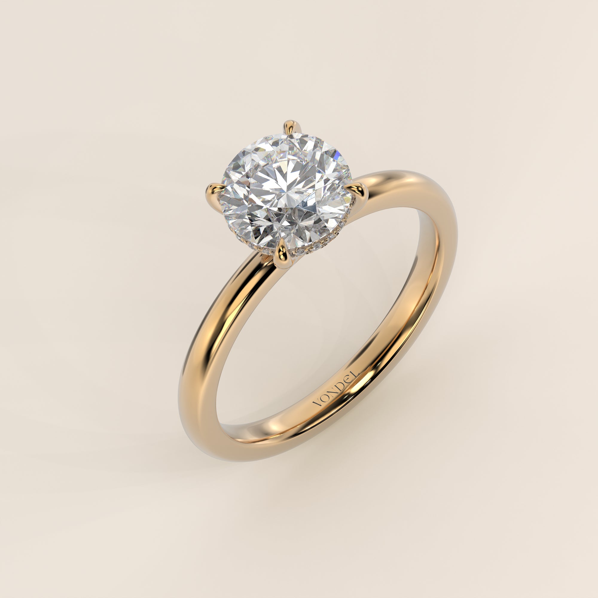 Runder Verlobungsring mit im Labor gezüchtetem Diamanten und verstecktem Halo, Gelbgold