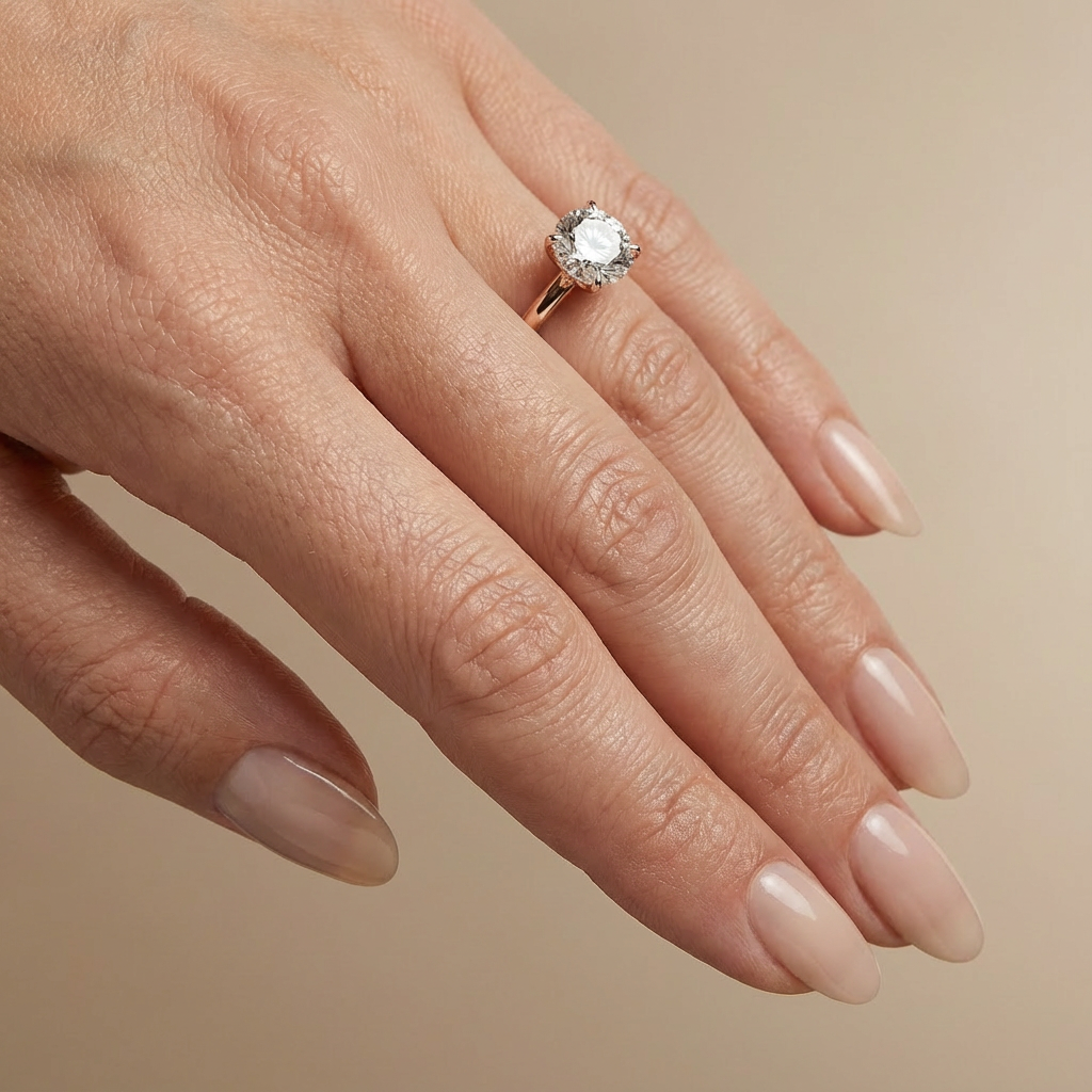 Runder Verlobungsring mit im Labor gezüchtetem Diamanten und verstecktem Halo, Roségold