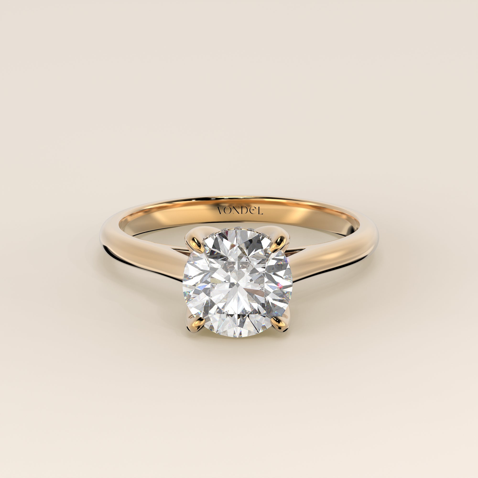 Verlovingsring rond lab grown diamant met petal prongs en hidden halo, geelgoud