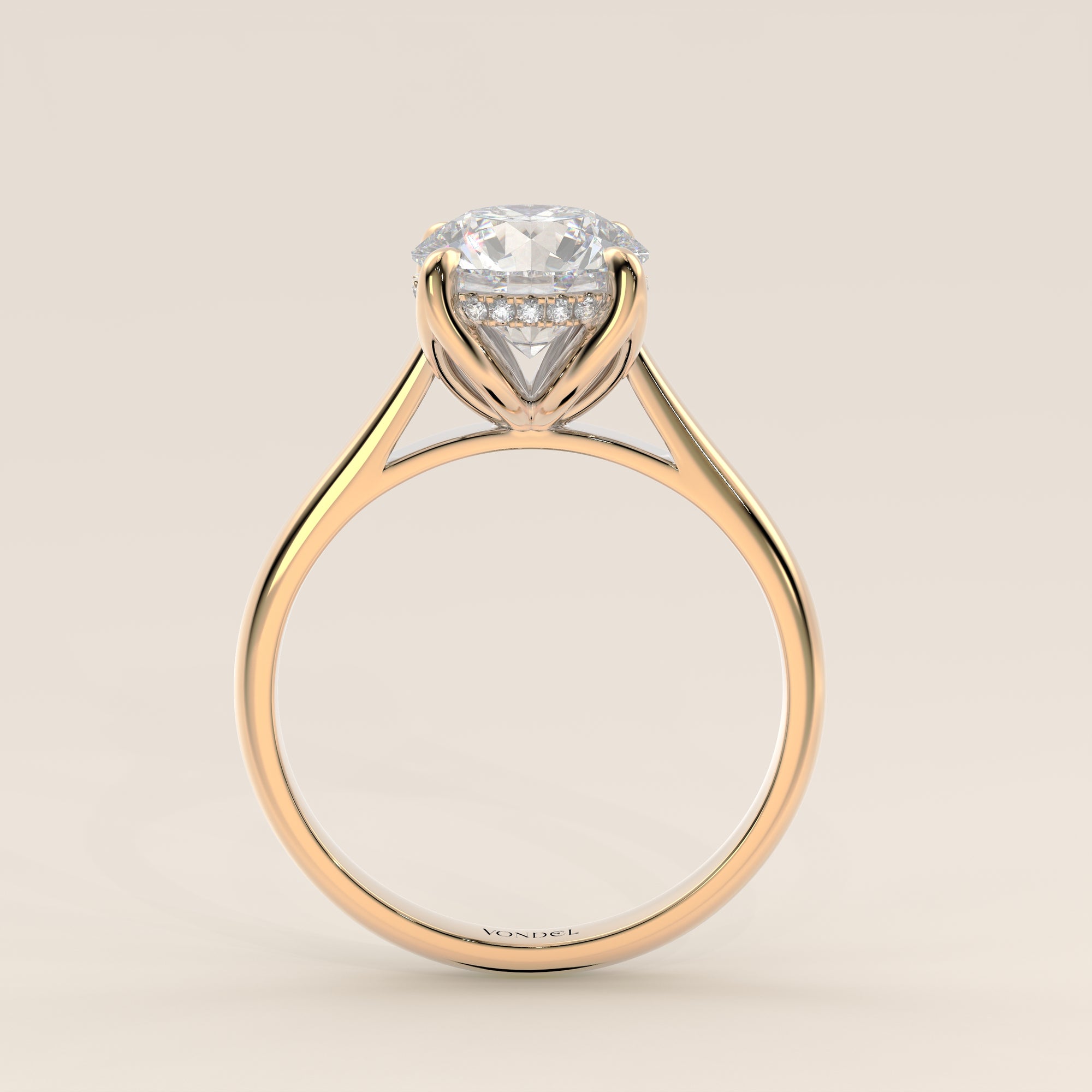 Verlovingsring rond lab grown diamant met petal prongs en hidden halo, geelgoud