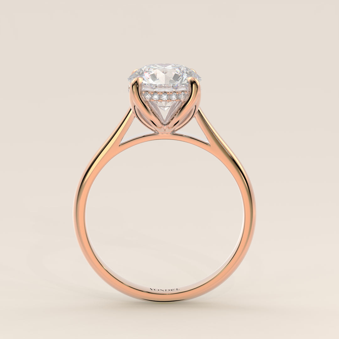 Verlovingsring rond lab grown diamant met petal prongs en hidden halo, rosegoud