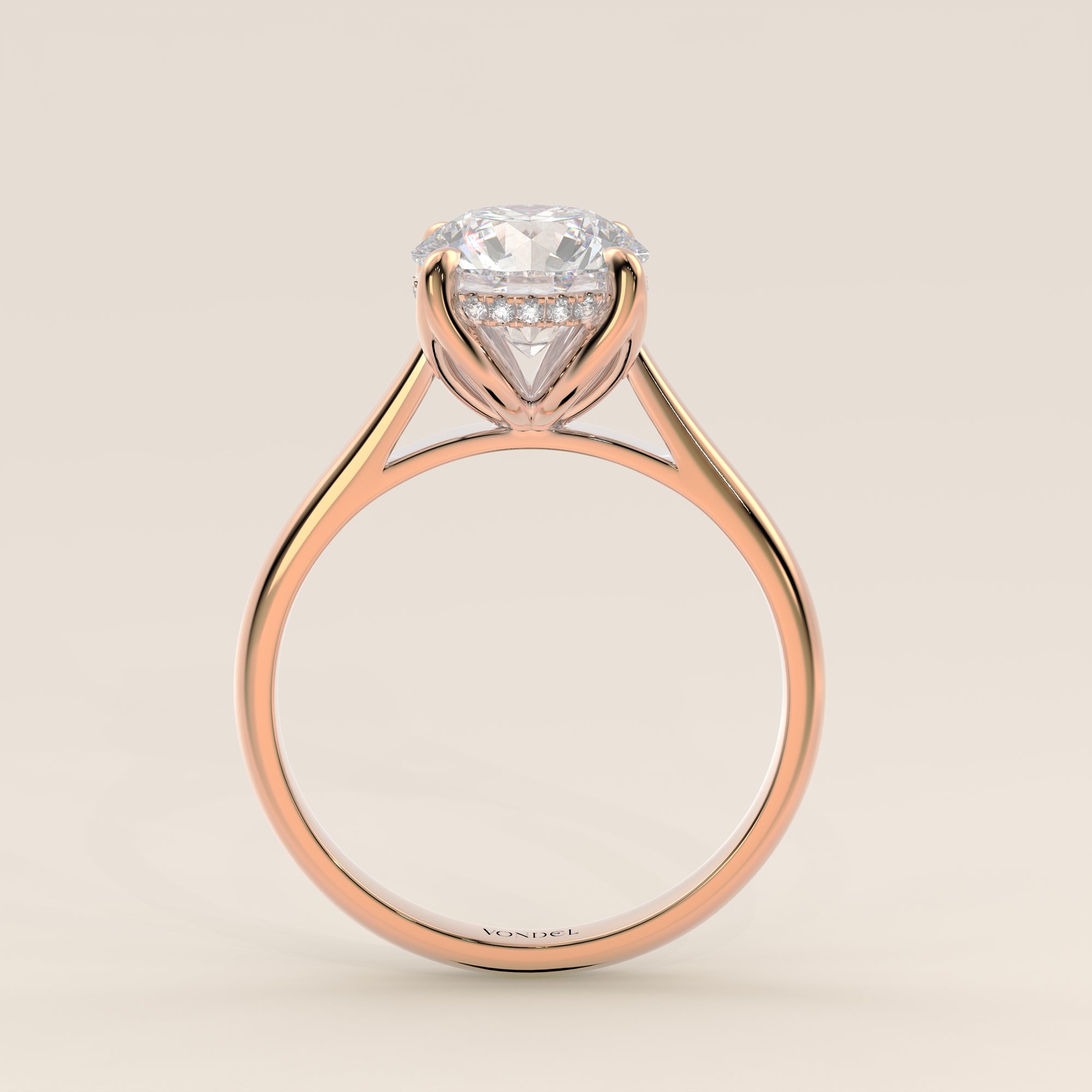 Verlovingsring rond lab grown diamant met petal prongs en hidden halo, rosegoud