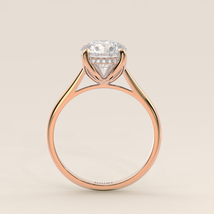 Verlovingsring rond lab grown diamant met petal prongs en hidden halo, rosegoud