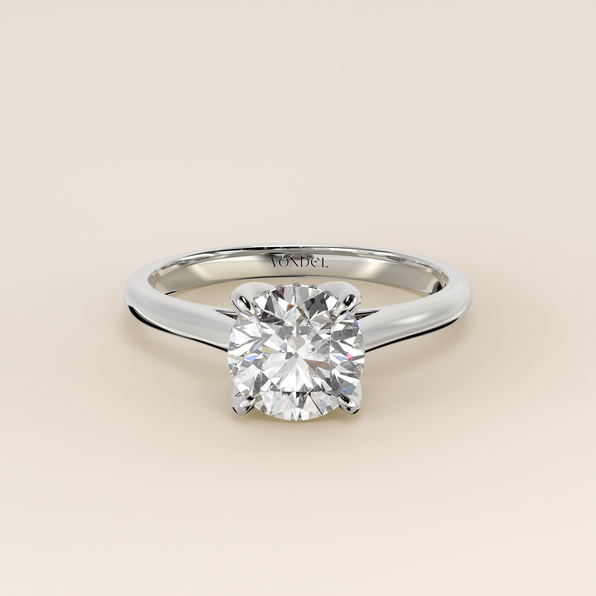Verlovingsring rond lab grown diamant met petal prongs en hidden halo, witgoud