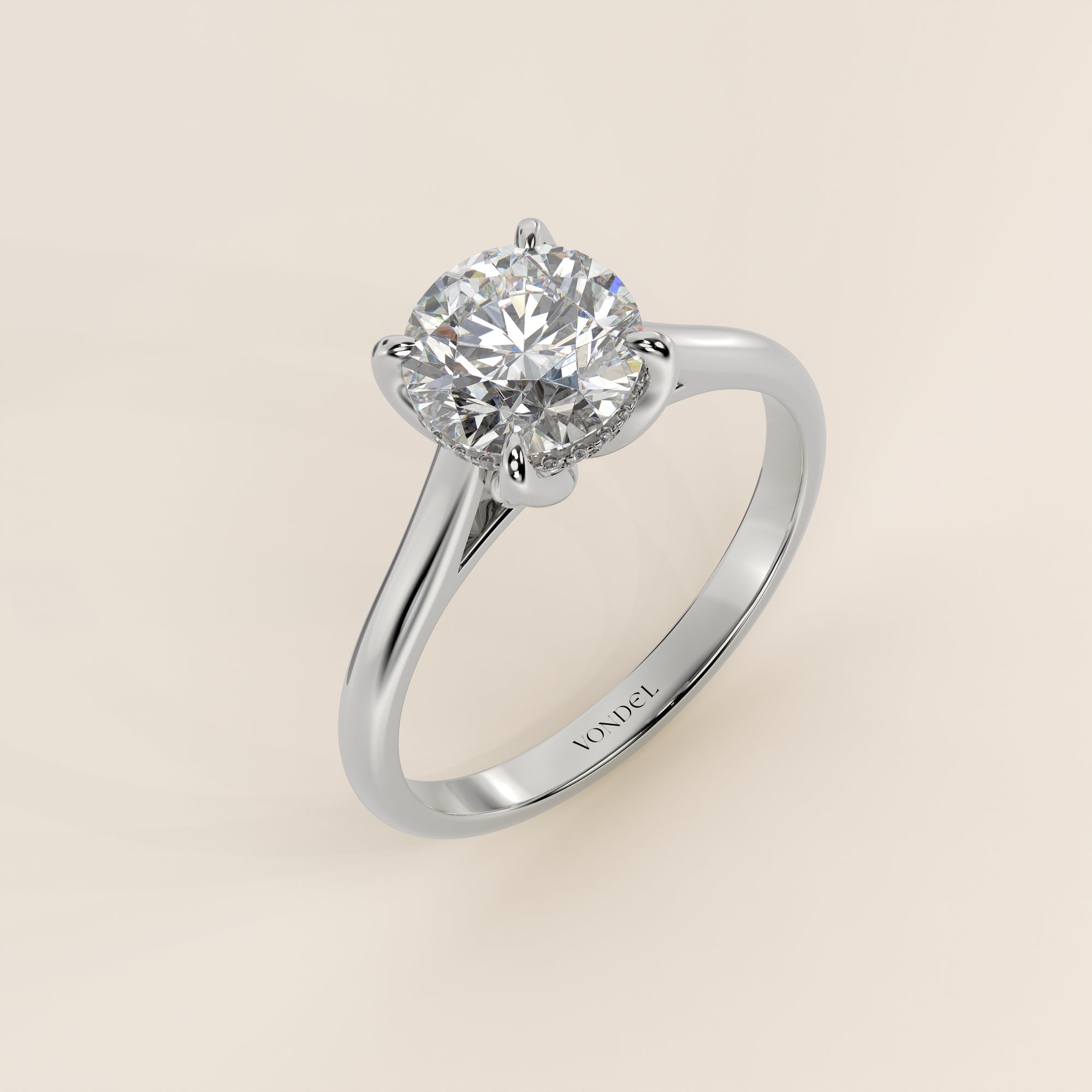 Verlovingsring rond lab grown diamant met petal prongs en hidden halo, witgoud