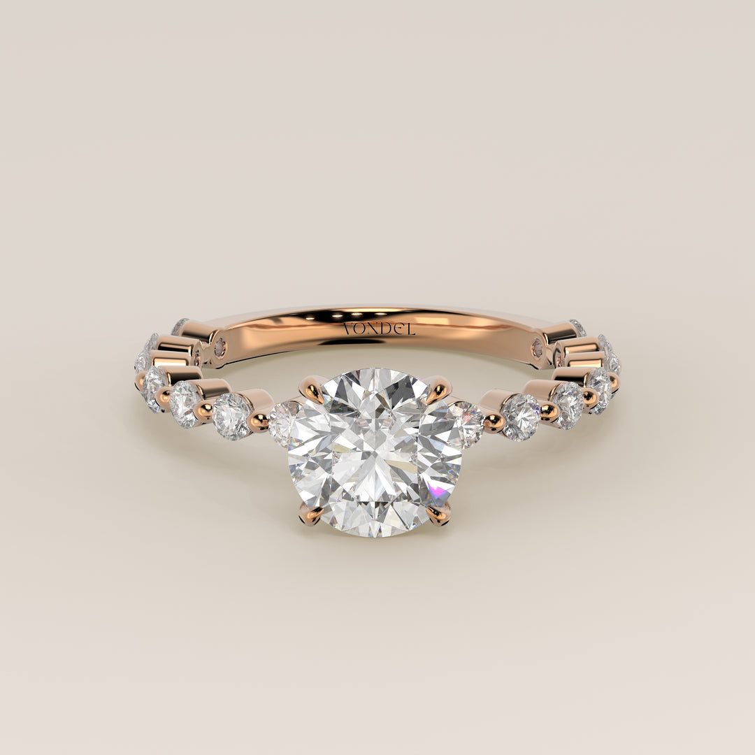 Verlovingsring rond lab grown diamant met ronde diamanten band, rosegoud