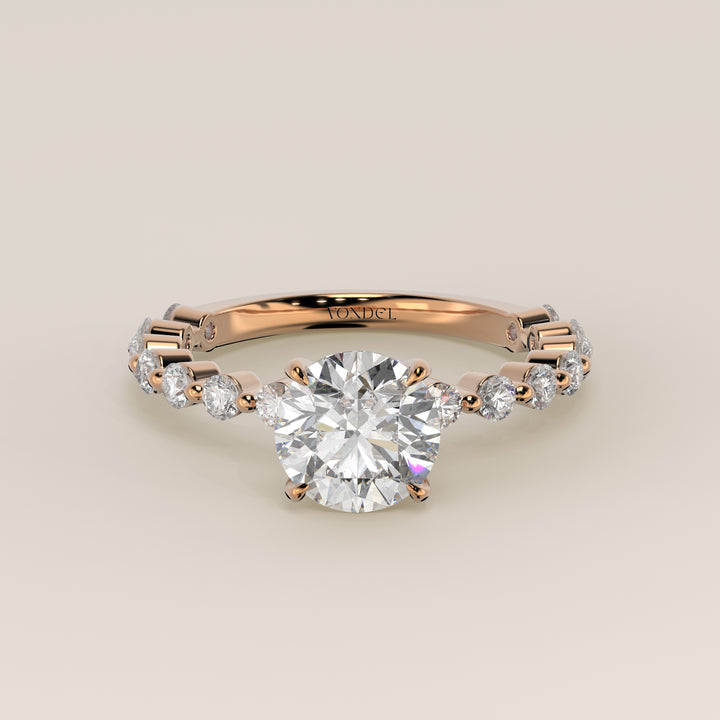 Verlovingsring rond lab grown diamant met ronde diamanten band, rosegoud