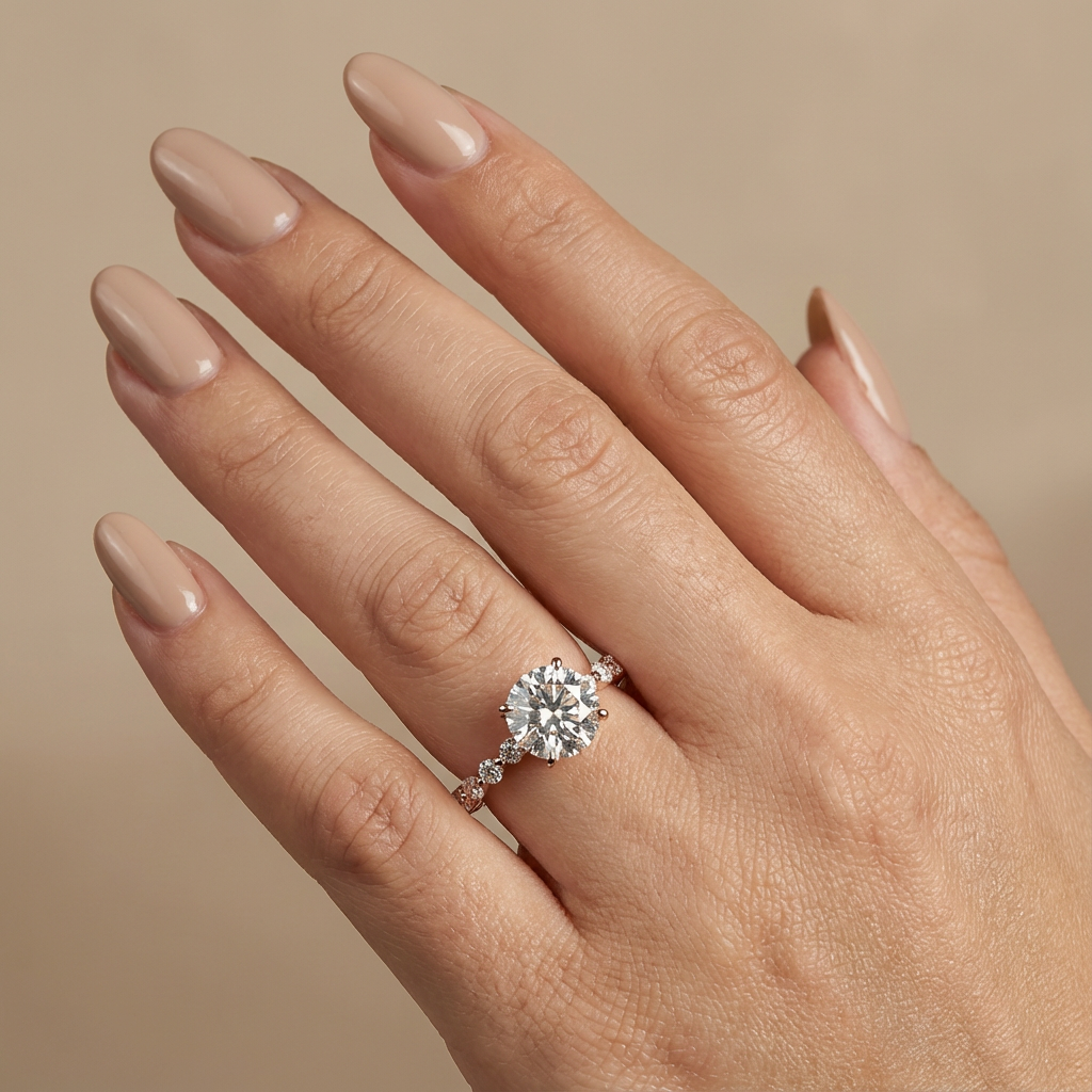 Verlovingsring rond lab grown diamant met ronde diamanten band, rosegoud