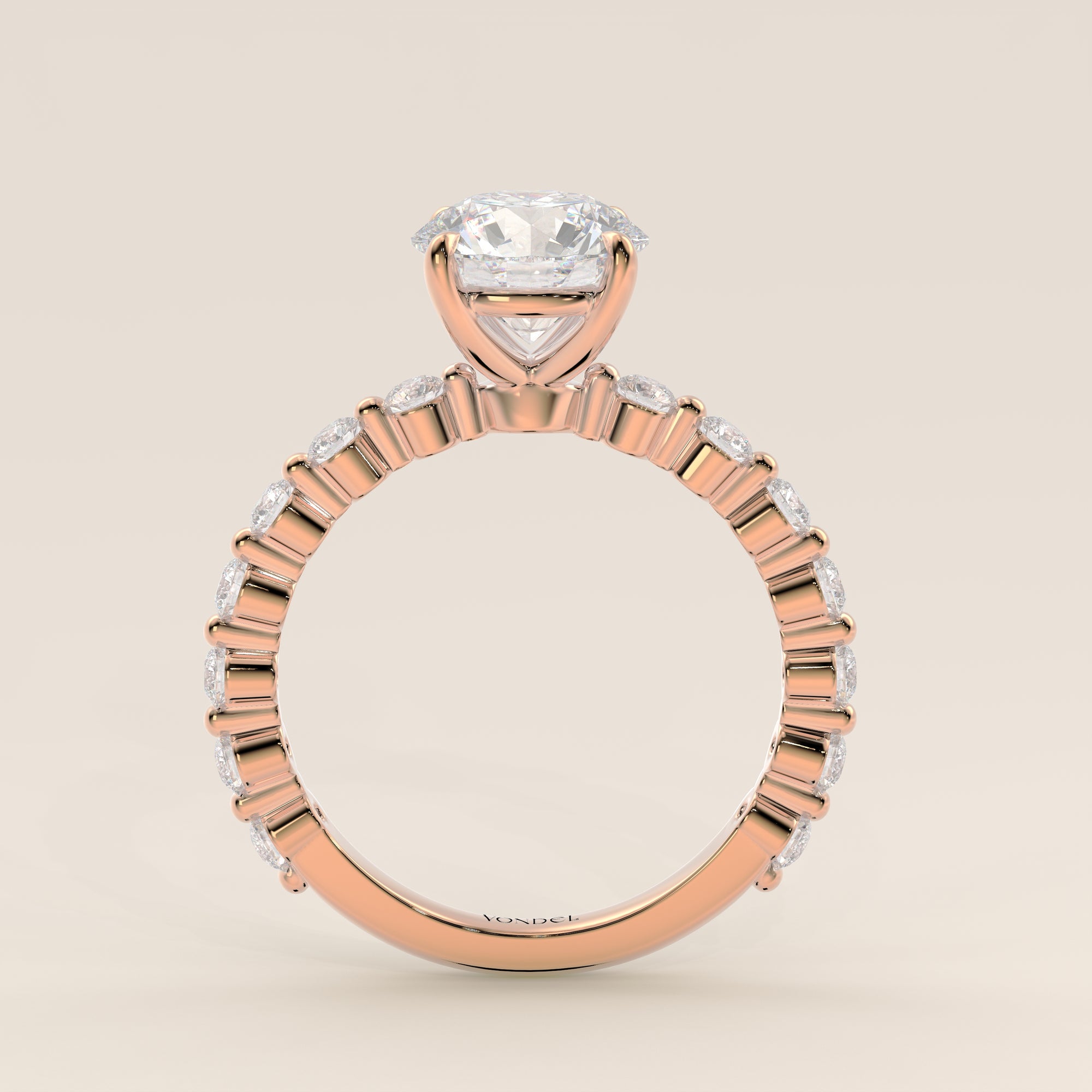 Verlovingsring rond lab grown diamant met ronde diamanten band, rosegoud