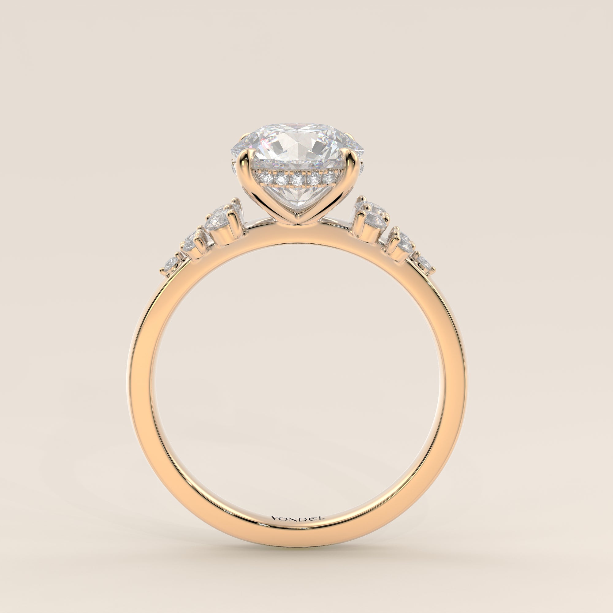 Verlovingsring rond lab grown diamant met snowdrift en hidden halo, geelgoud
