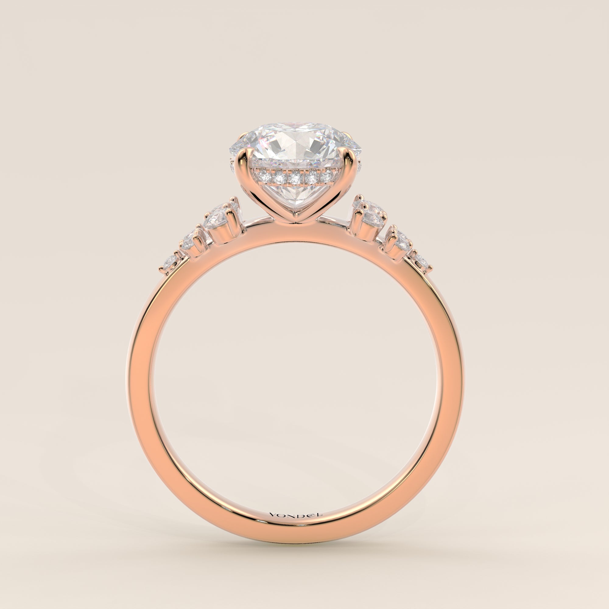 Verlovingsring rond lab grown diamant met snowdrift en hidden halo, rosegoud
