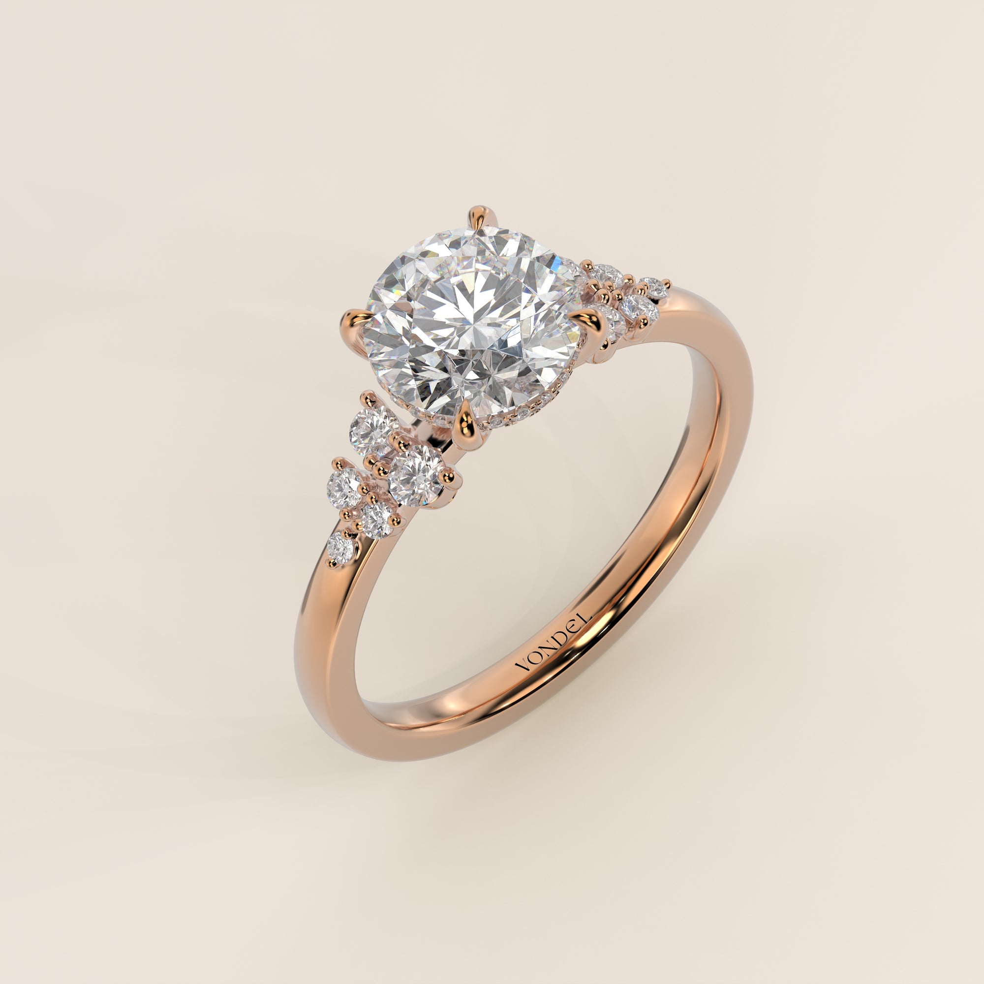 Verlovingsring rond lab grown diamant met snowdrift en hidden halo, rosegoud