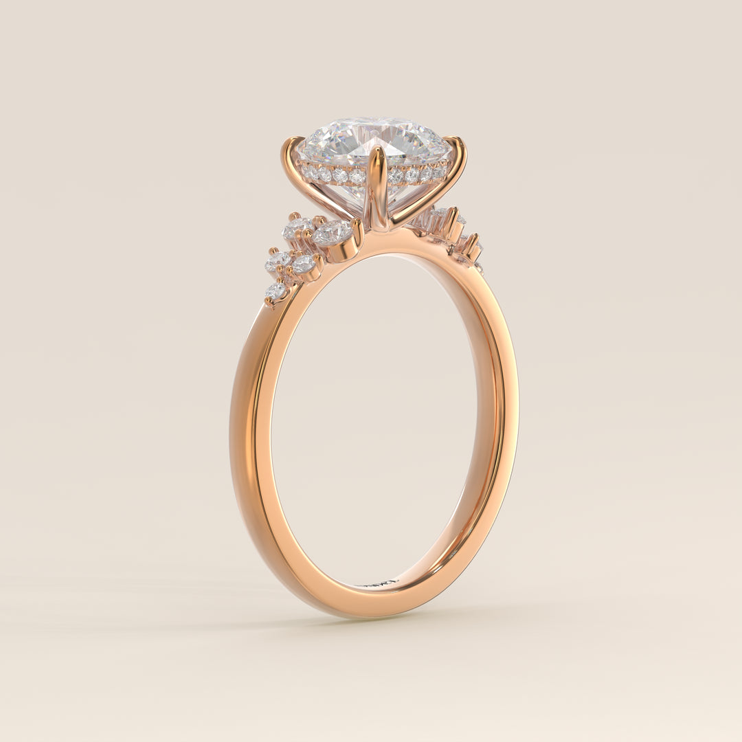 Verlovingsring rond lab grown diamant met snowdrift en hidden halo, rosegoud
