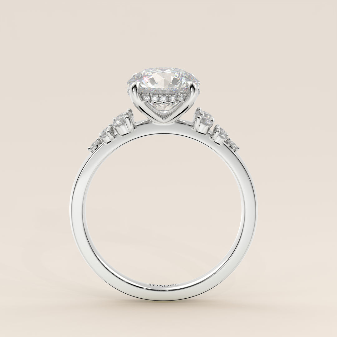 Verlovingsring rond lab grown diamant met snowdrift en hidden halo, witgoud