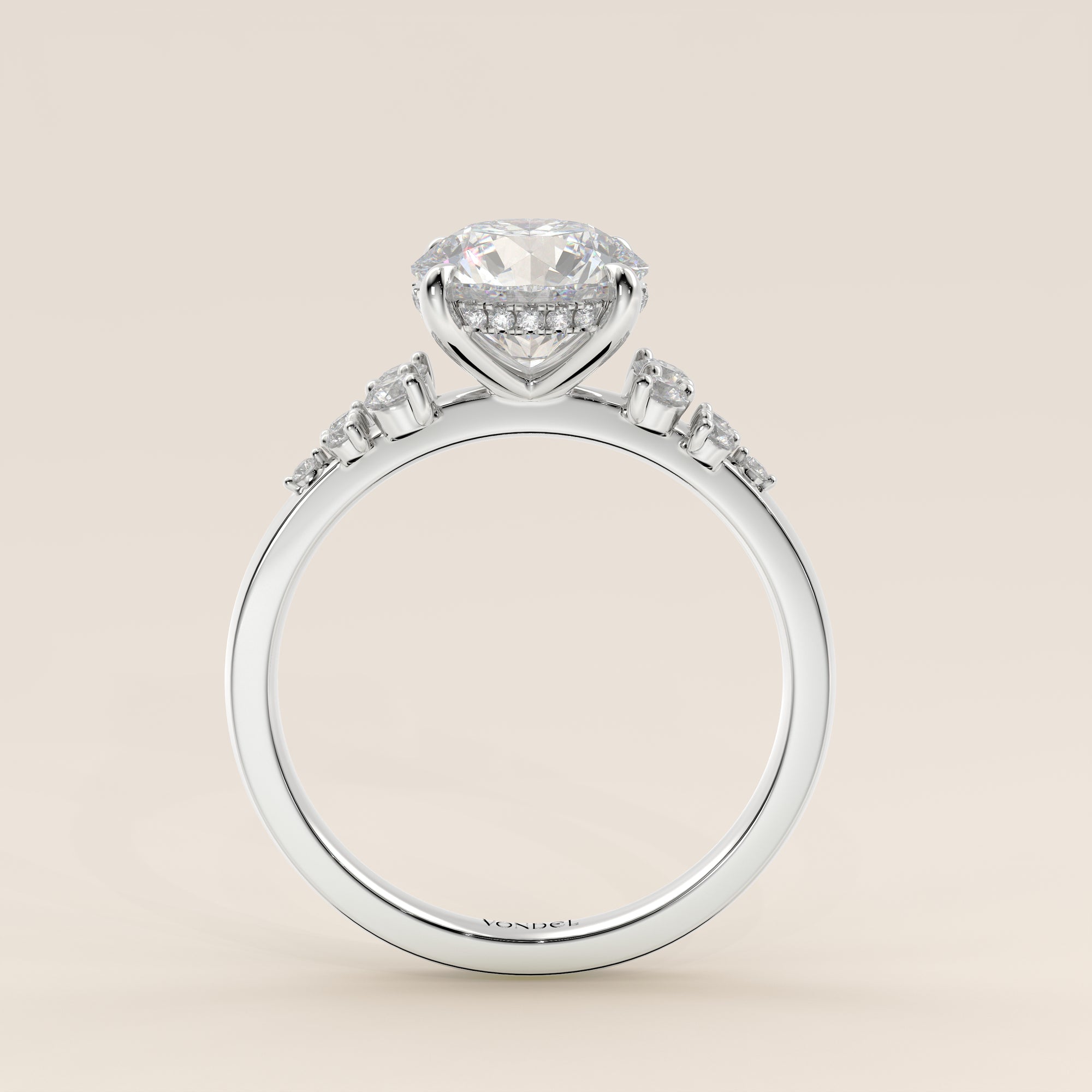 Verlovingsring rond lab grown diamant met snowdrift en hidden halo, witgoud