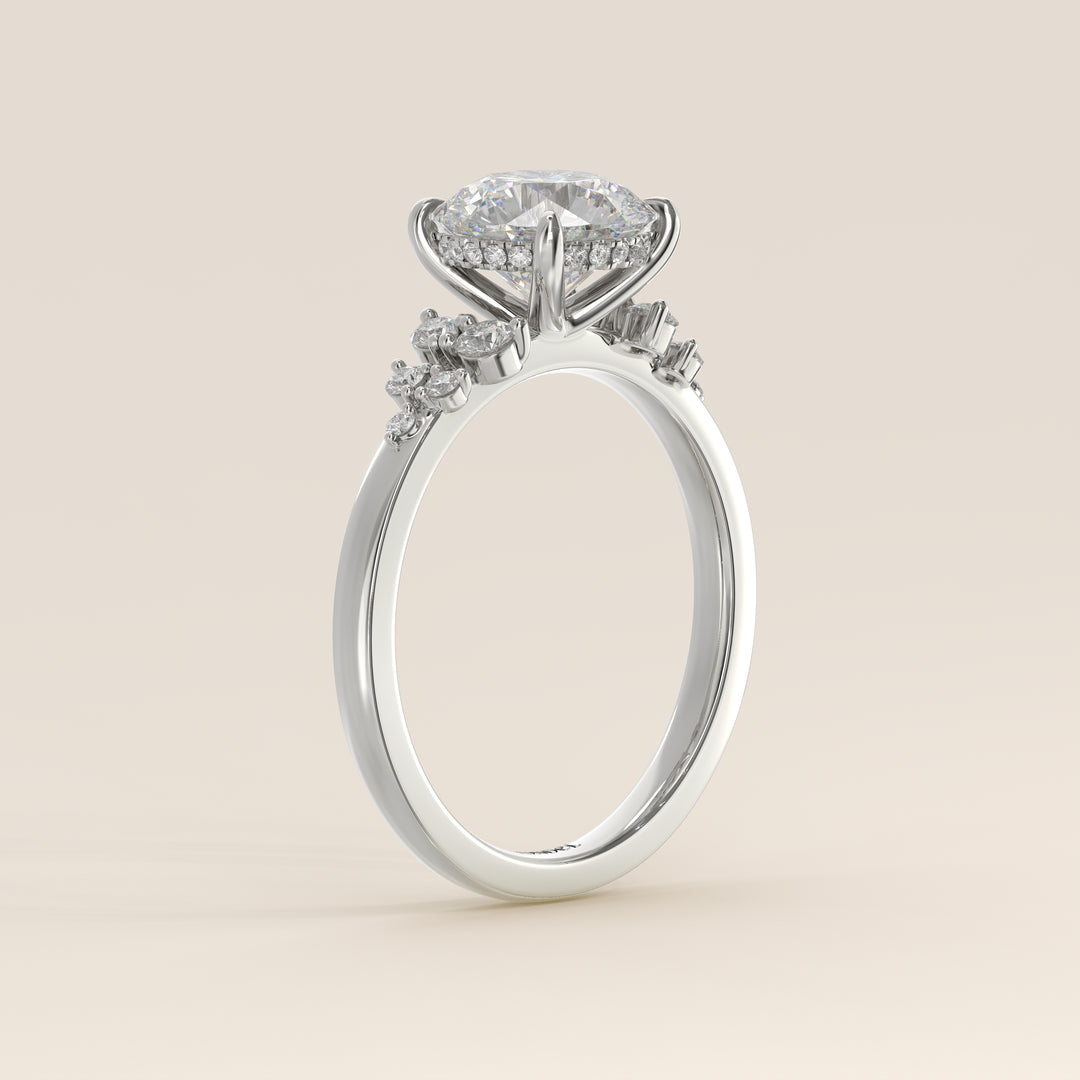 Verlovingsring rond lab grown diamant met snowdrift en hidden halo, witgoud