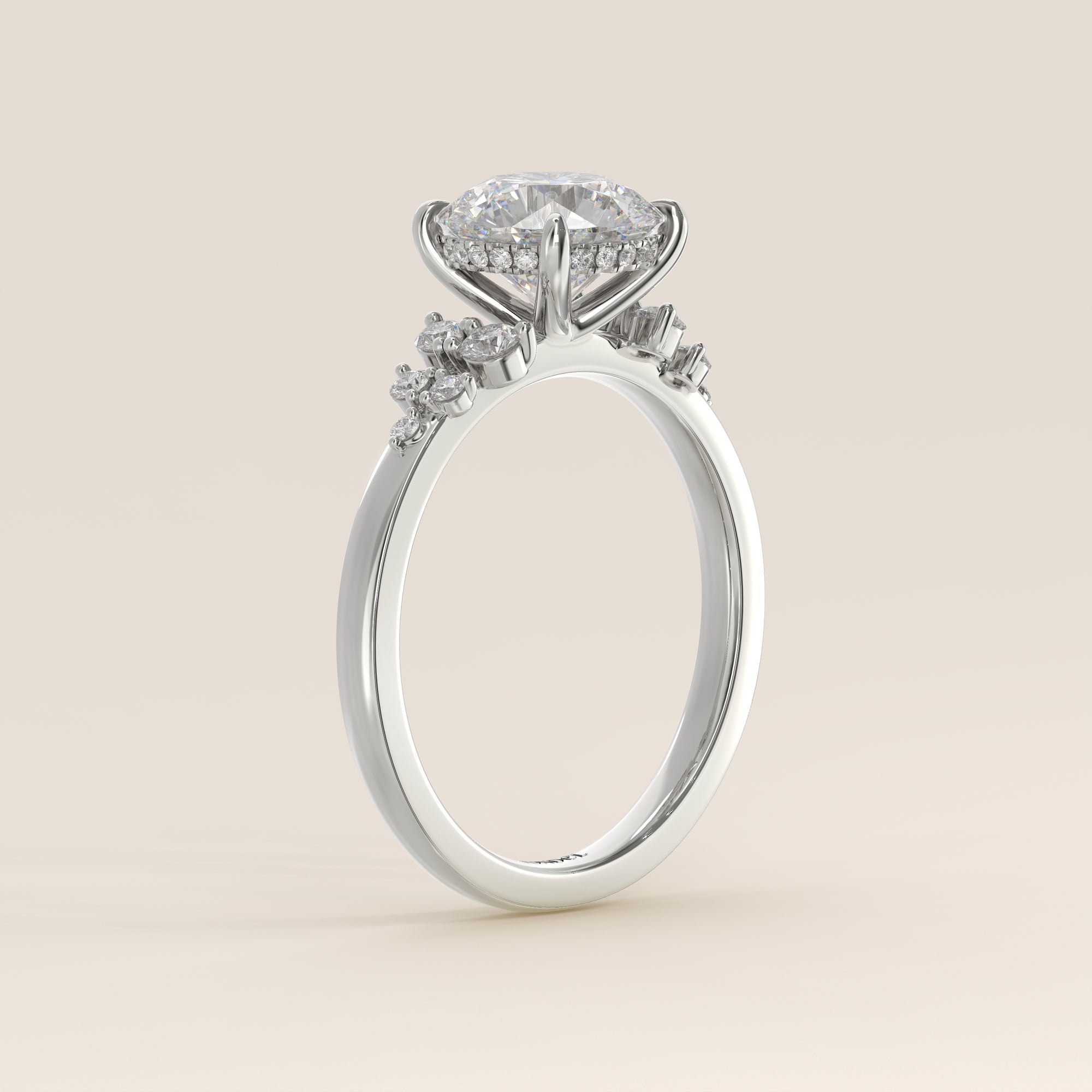 Verlovingsring rond lab grown diamant met snowdrift en hidden halo, witgoud