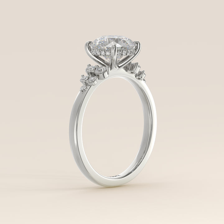 Verlovingsring rond lab grown diamant met snowdrift en hidden halo, witgoud