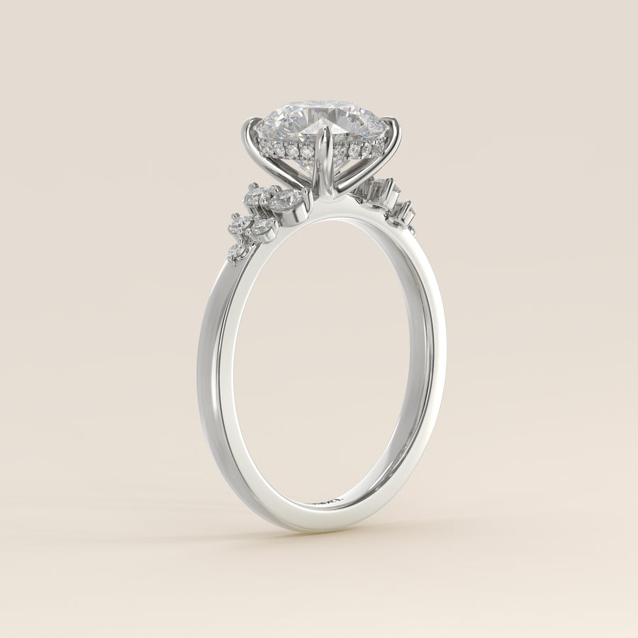Verlovingsring rond lab grown diamant met snowdrift en hidden halo, witgoud