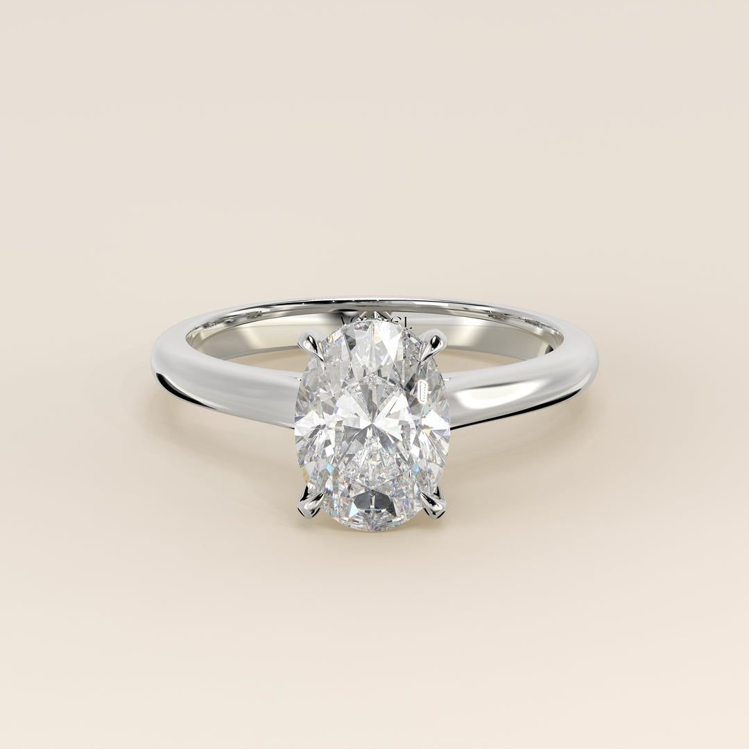 Mia oval lab grown diamond ring with cathedral setting and hidden halo white gold
