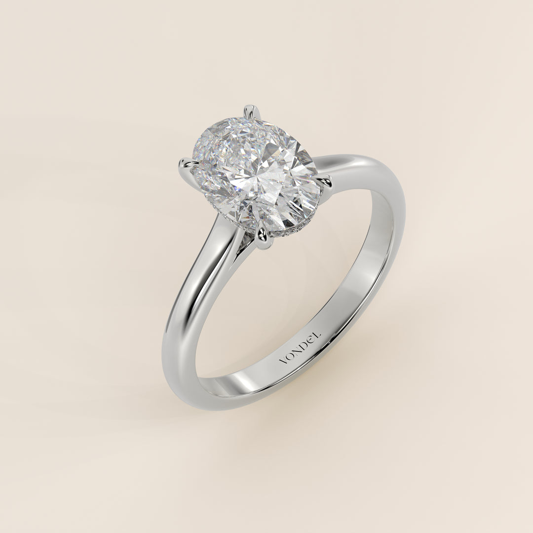White Gold Mia oval lab grown diamond ring with cathedral setting and hidden halo