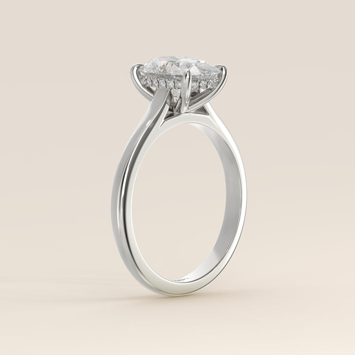 White Gold Mia oval lab grown diamond ring with cathedral setting and hidden halo
