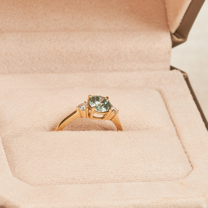 Azure Blue Diamond Ring with Brilliant Side Stones - 18K Yellow Gold - 1.22 ct
