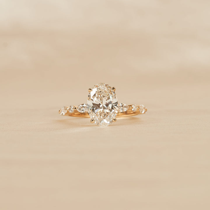 Elena - In Stock - Oval Solitaire Lab Grown Diamond with Marquise Round Brilliant Band - 18K Yellow Gold