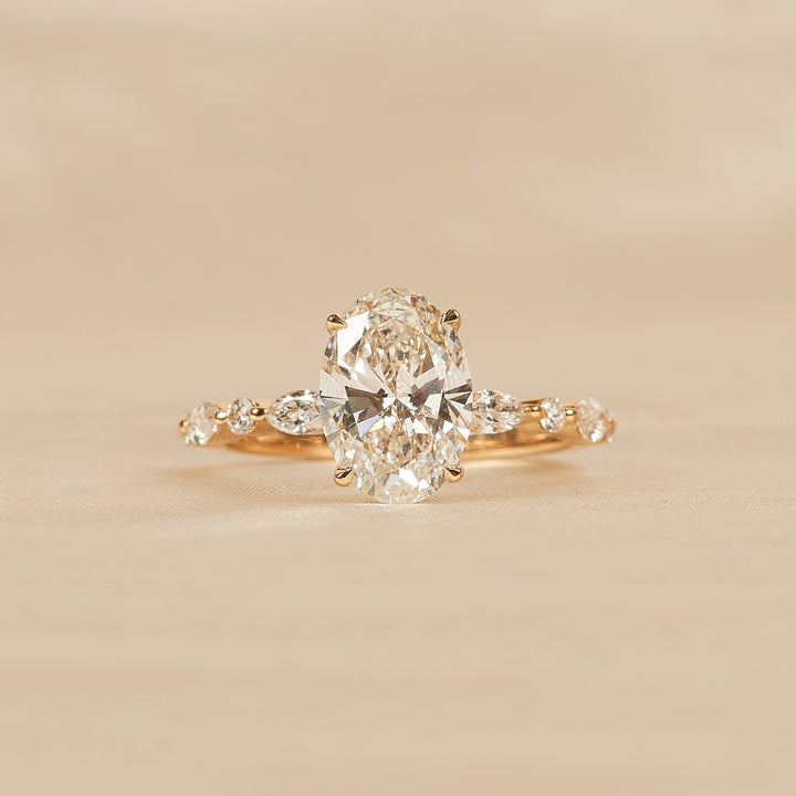 Elena - In Stock - Oval Solitaire Lab Grown Diamond with Marquise Round Brilliant Band - 18K Yellow Gold