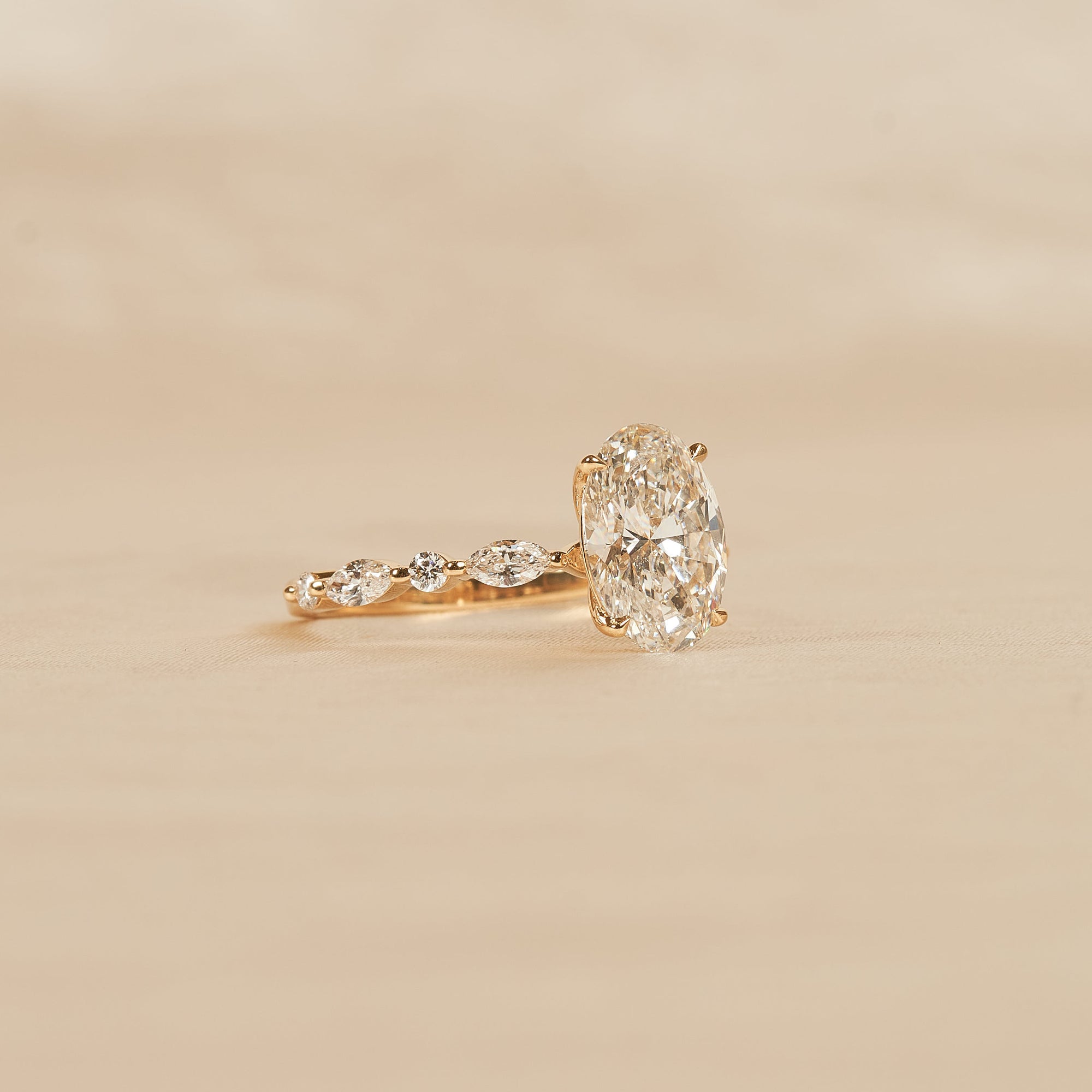 Elena - In Stock - Oval Solitaire Lab Grown Diamond with Marquise Round Brilliant Band - 18K Yellow Gold
