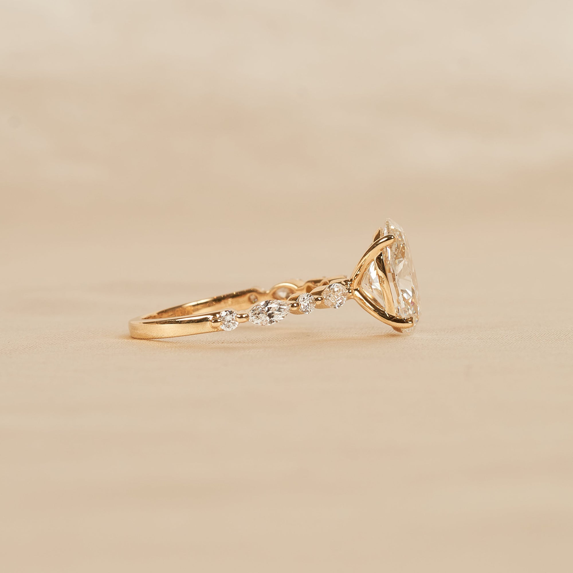 Elena - In Stock - Oval Solitaire Lab Grown Diamond with Marquise Round Brilliant Band - 18K Yellow Gold