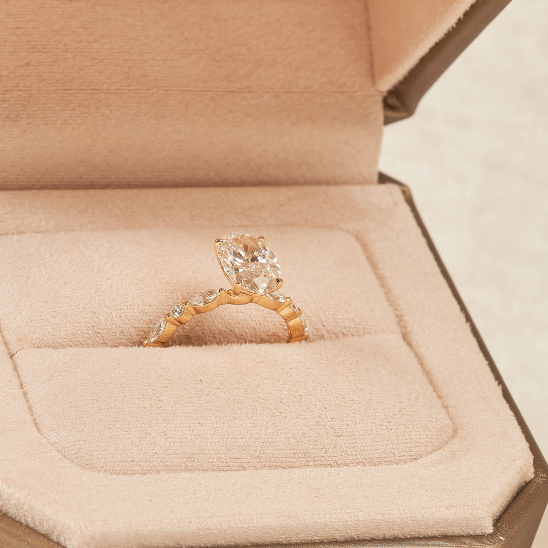 Elena - In Stock - Oval Solitaire Lab Grown Diamond with Marquise Round Brilliant Band - 18K Yellow Gold