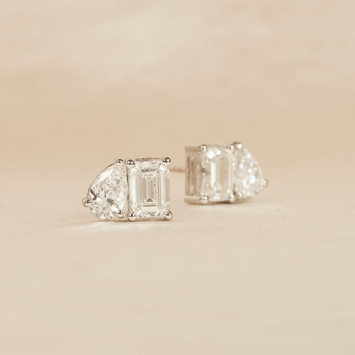 Emerald Pear Toi et Moi Stud Oorbellen - 18K Geelgoud - 3.3 ct