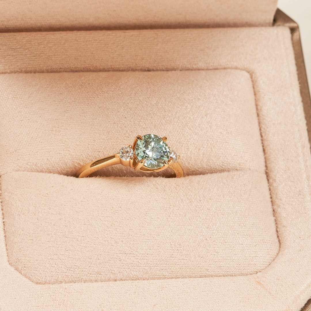 Azure Blue Diamond Ring with Brilliant Side Stones - 18K Yellow Gold - 1.22 ct