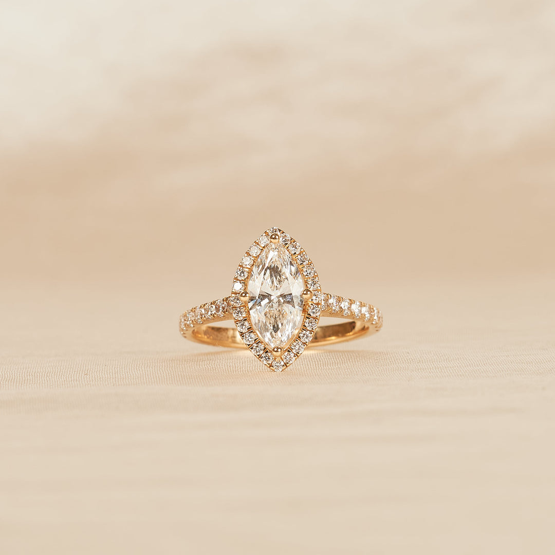 Marquise Halo ring met Pave Band - 18k Geelgoud - 1,5 ct