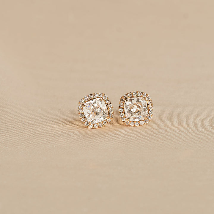 Bibi - In Stock - Cushion Halo Lab Grown Diamond Stud Earrings - 18K Gold