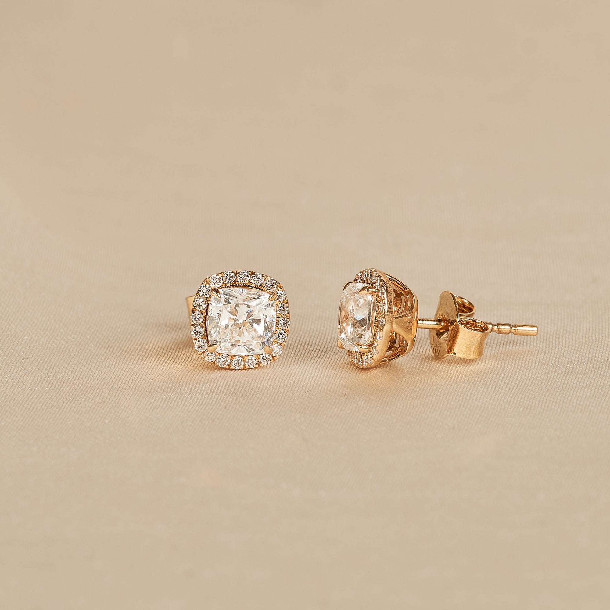 Bibi - In Stock - Cushion Halo Lab Grown Diamond Stud Earrings - 18K Gold