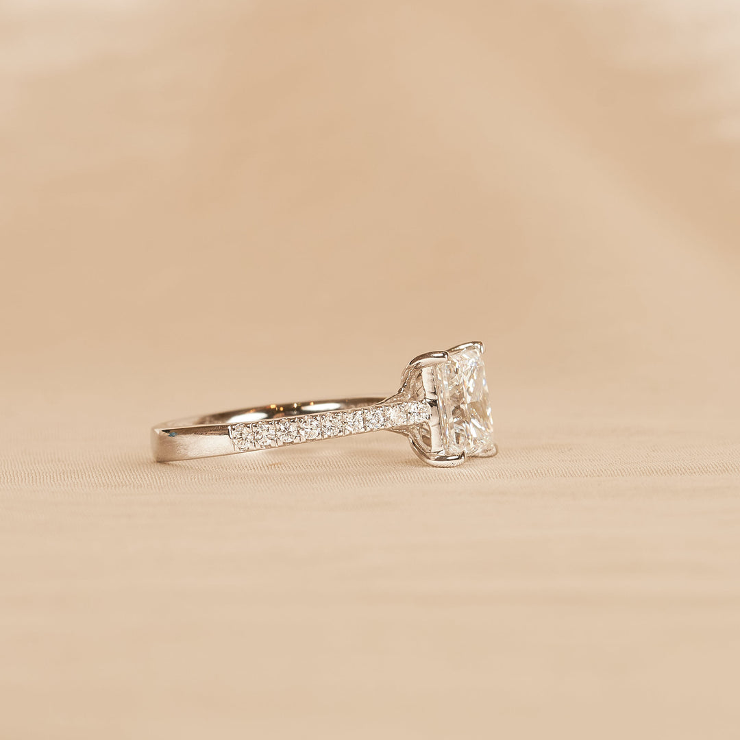 Princess Solitaire Crossover Ring with Pave Band - 18k White Gold - 2.21 ct